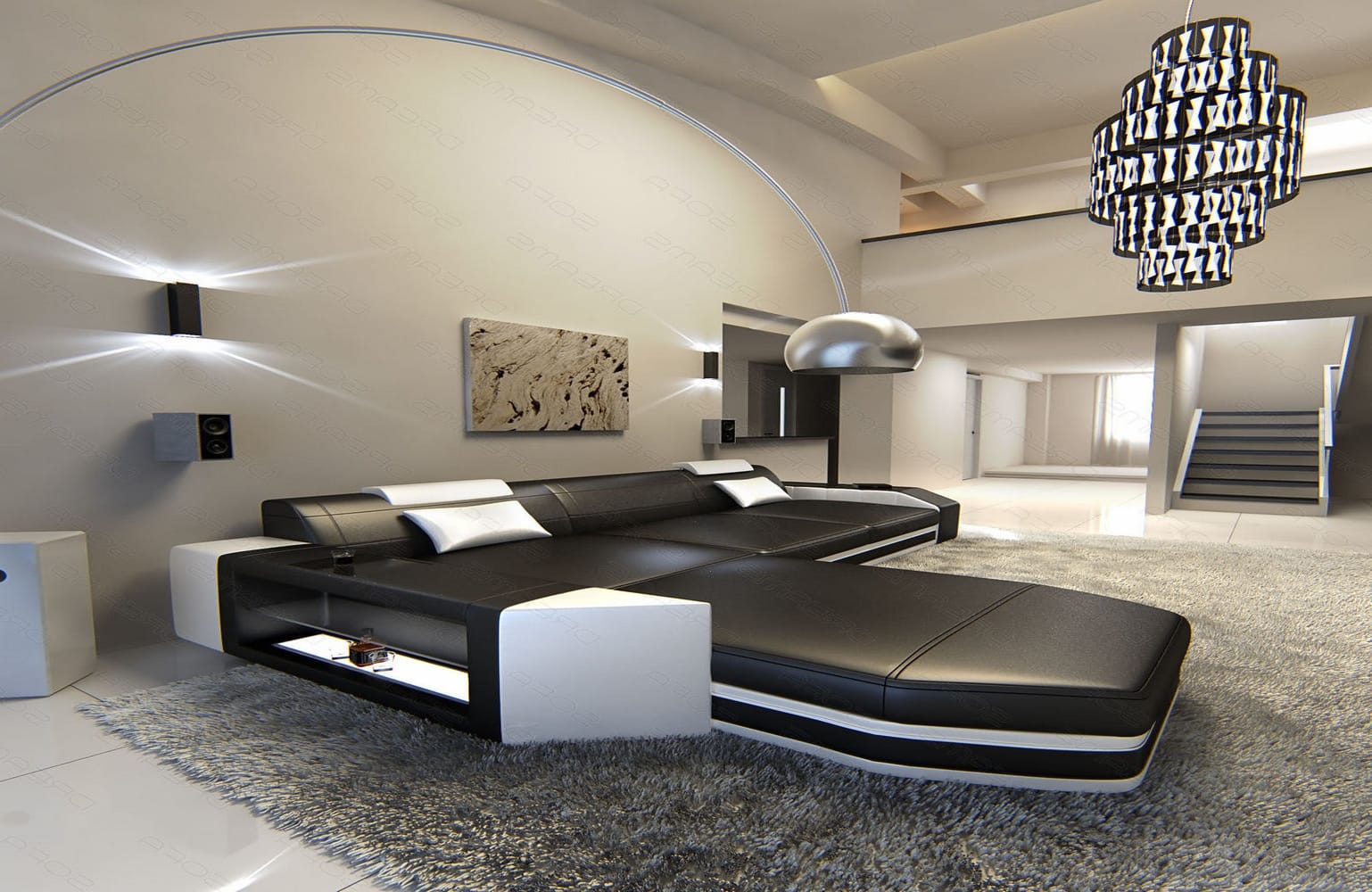 Ecksofa Prato L-Form in Leder schwarz-weiß