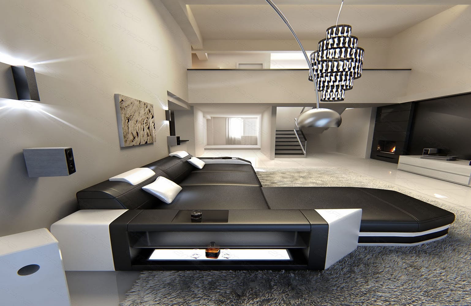 Ecksofa Prato L-Form in Leder schwarz-weiß