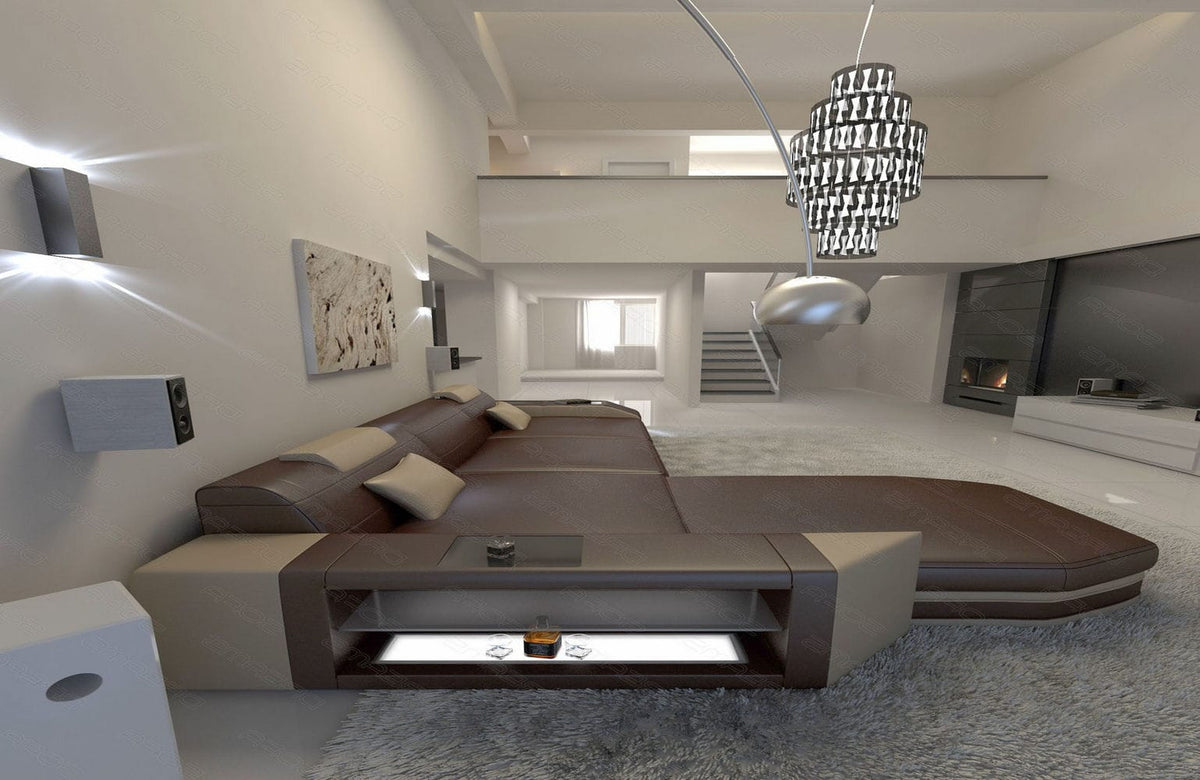 Ecksofa Prato L-Form in Leder dunkelbraun-sandbeige