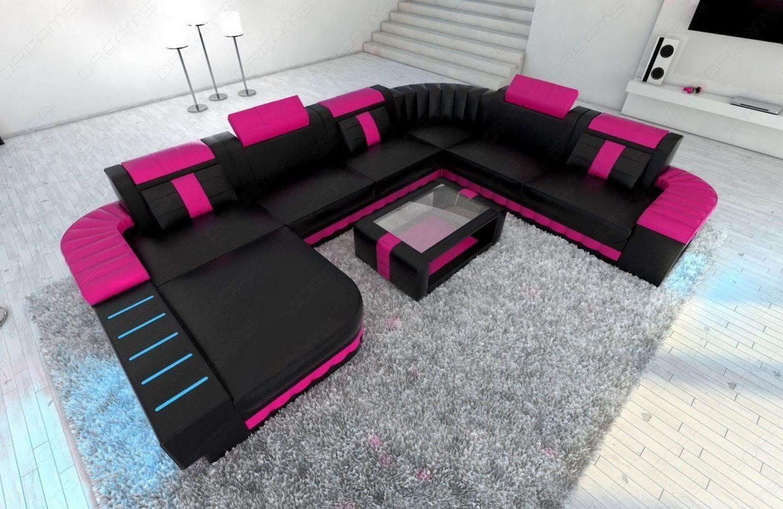 Mini XXL Wohnlandschaft Bellagio U-Form schwarz-pink