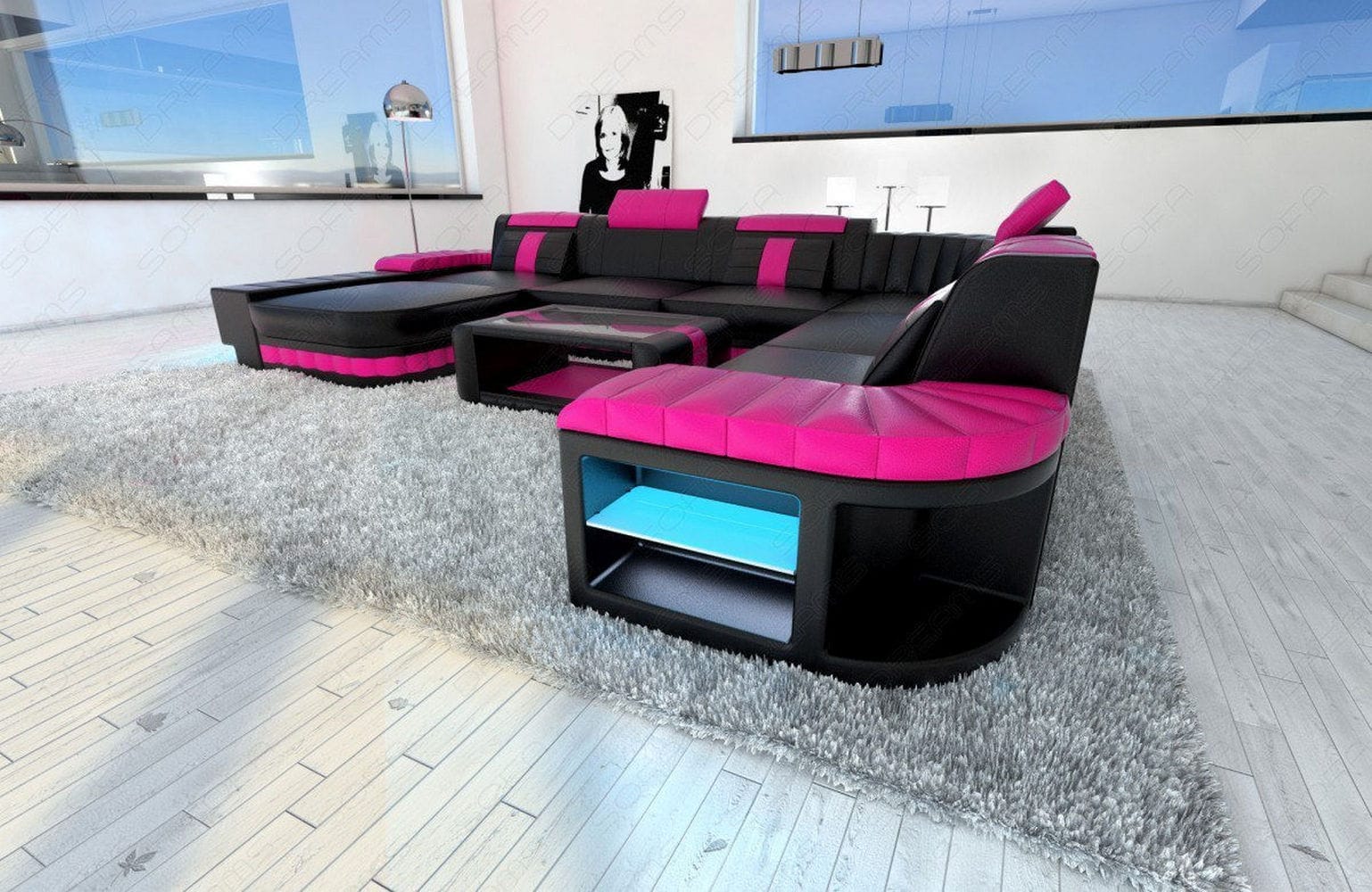 Mini XXL Wohnlandschaft Bellagio U-Form schwarz-pink