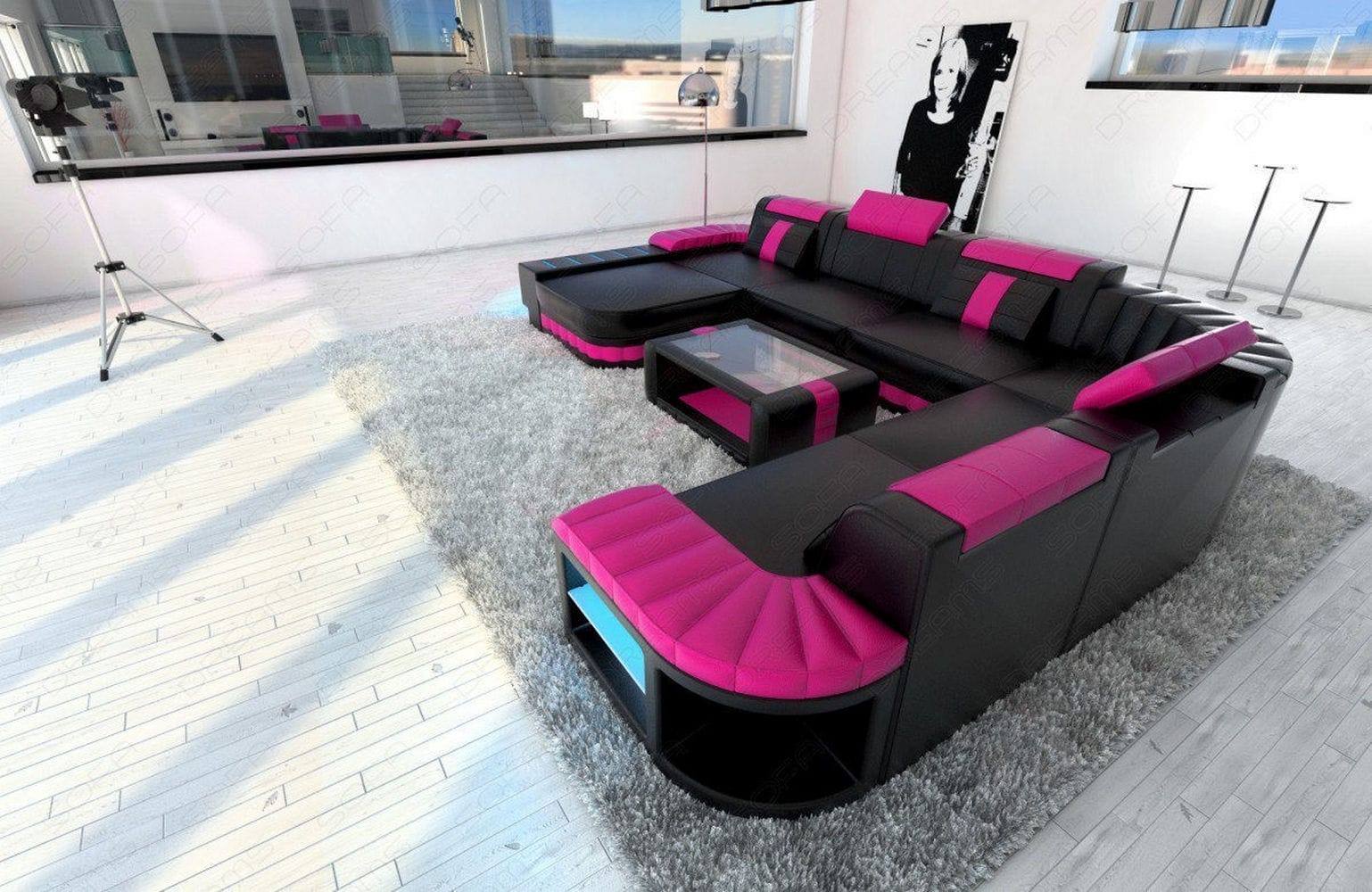 Mini XXL Wohnlandschaft Bellagio U-Form schwarz-pink