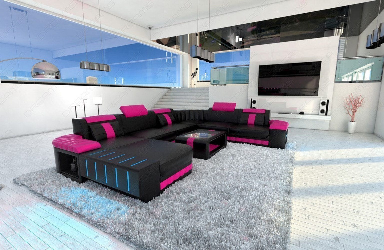 Mini XXL Wohnlandschaft Bellagio U-Form schwarz-pink