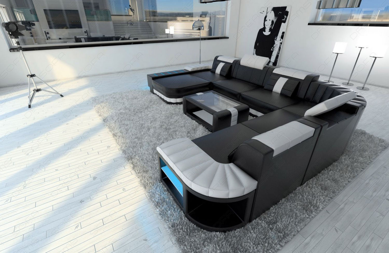 Mini XXL Leder Wohnlandschaft Bellagio Schwarz-Weiß