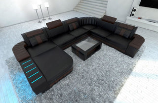 Mini XXL Wohnlandschaft Bellagio U-Form in Leder Schwarz-Dunkelbraun