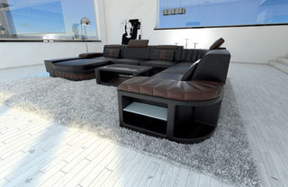 Mini XXL Wohnlandschaft Bellagio U-Form in Leder Schwarz-Dunkelbraun