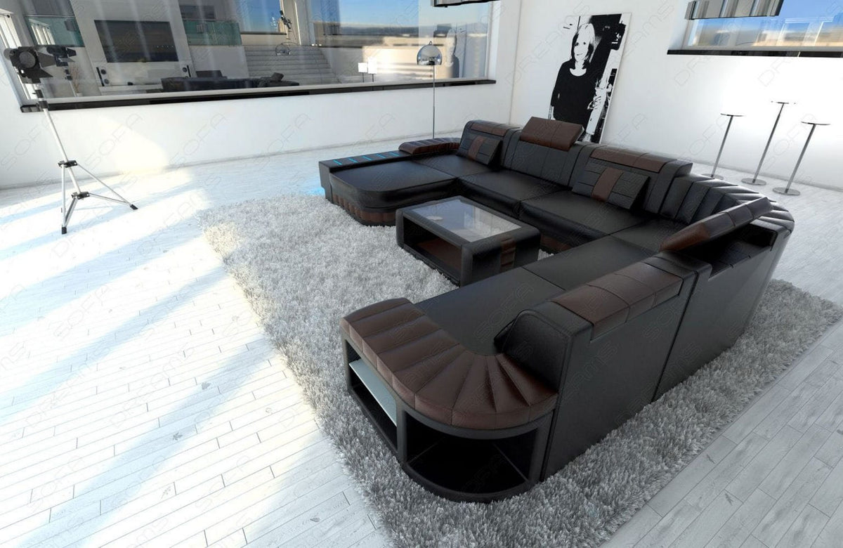 Mini XXL Wohnlandschaft Bellagio U-Form in Leder Schwarz-Dunkelbraun