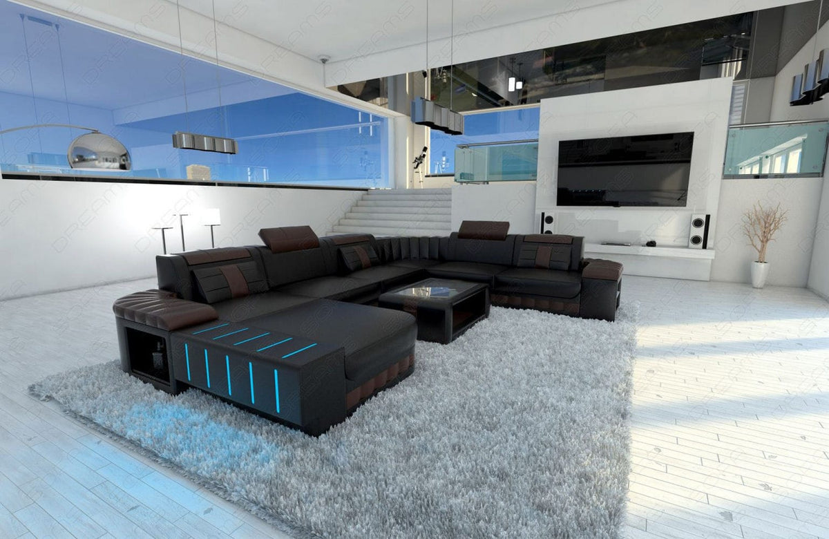 Mini XXL Wohnlandschaft Bellagio U-Form in Leder Schwarz-Dunkelbraun