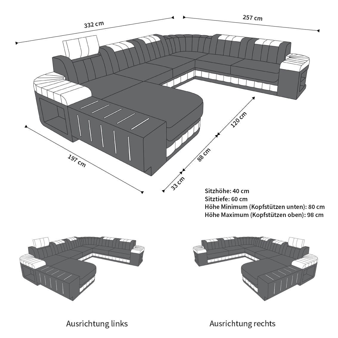 Mini XXL Wohnlandschaft Bellagio U-Form in Leder Schwarz-Dunkelbraun