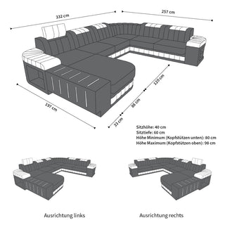 Mini XXL Wohnlandschaft Bellagio U-Form in Leder Schwarz-Dunkelbraun