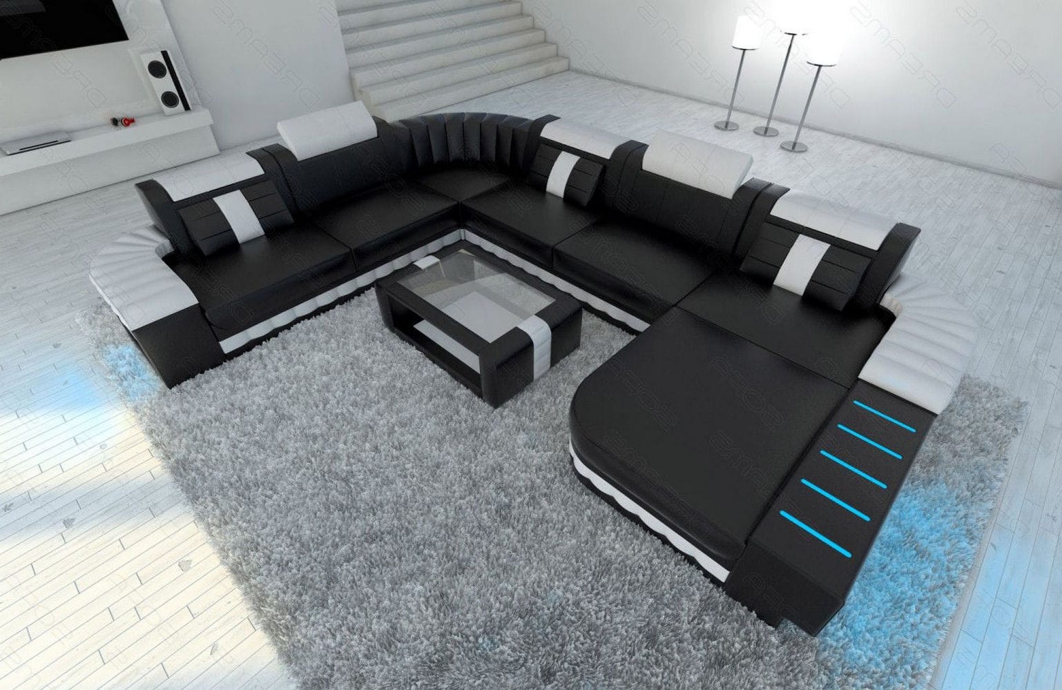 Mini XXL Wohnlandschaft Bellagio U-Form in Leder Schwarz-Weiß