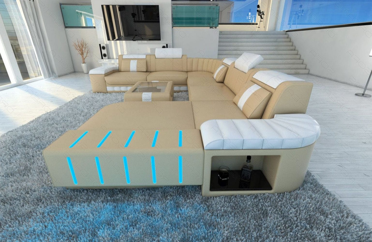 XXL Leder Wohnlandschaft Bellagio mit LED sandbeige-weiß