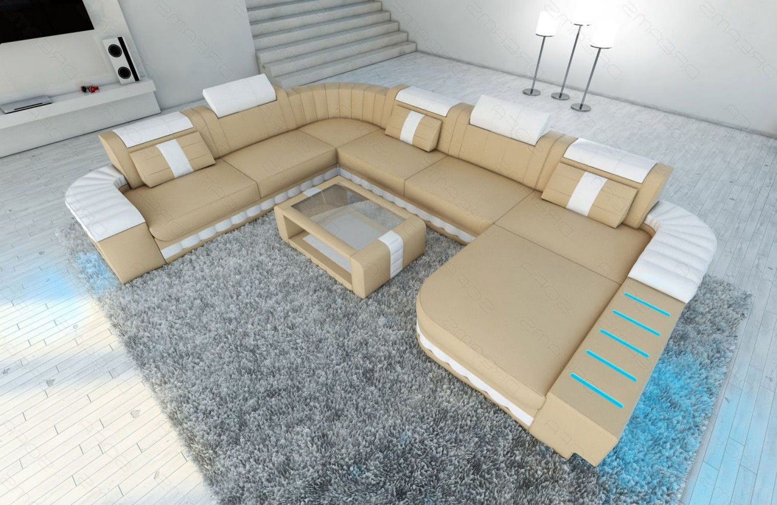 XXL Leder Wohnlandschaft Bellagio mit LED sandbeige-weiß