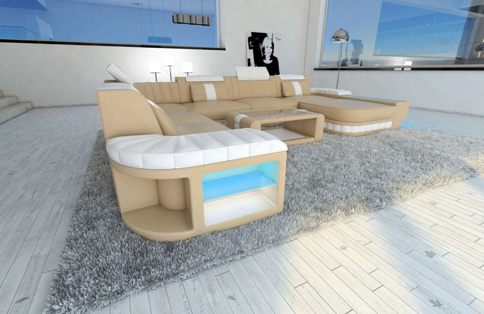 XXL Leder Wohnlandschaft Bellagio mit LED sandbeige-weiß