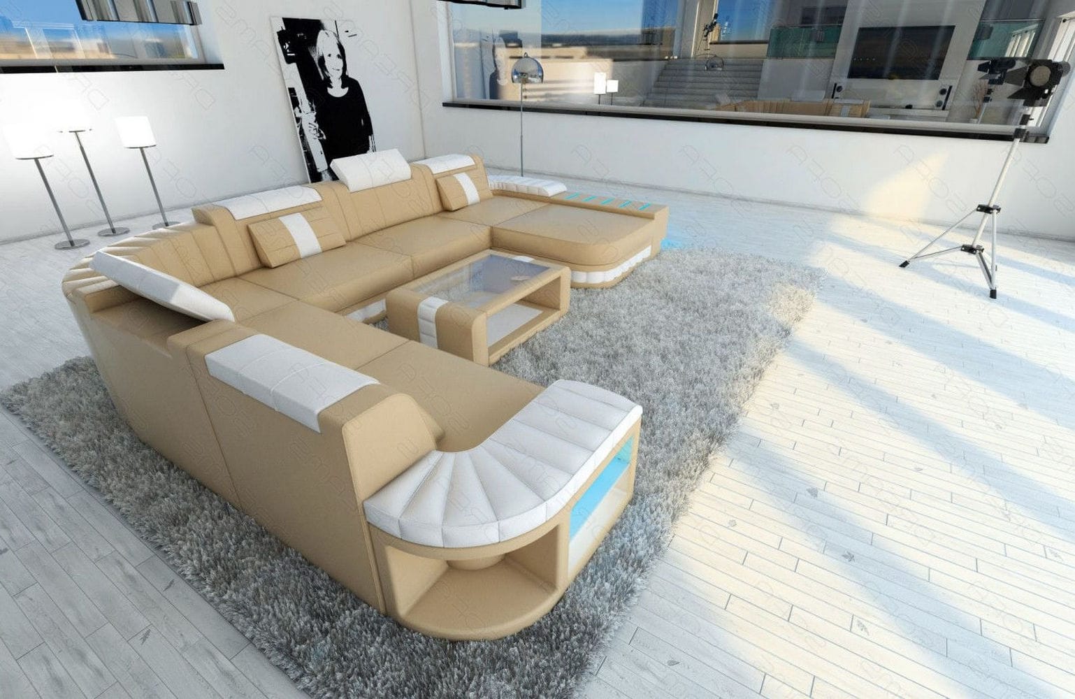 XXL Leder Wohnlandschaft Bellagio mit LED sandbeige-weiß