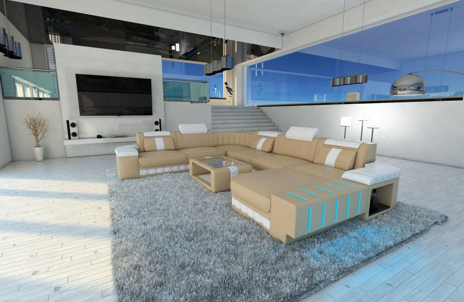 XXL Leder Wohnlandschaft Bellagio mit LED sandbeige-weiß