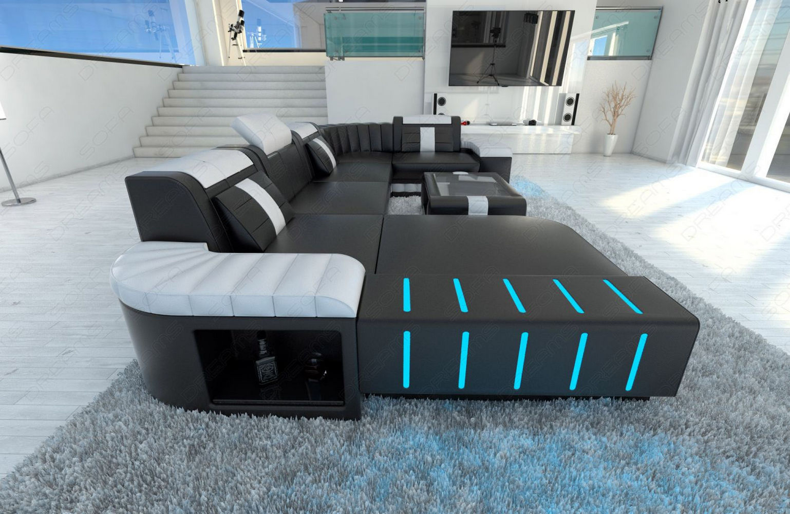Mini Designer Wohnlandschaft Bellagio Led U-Form Schwarz-Weiß