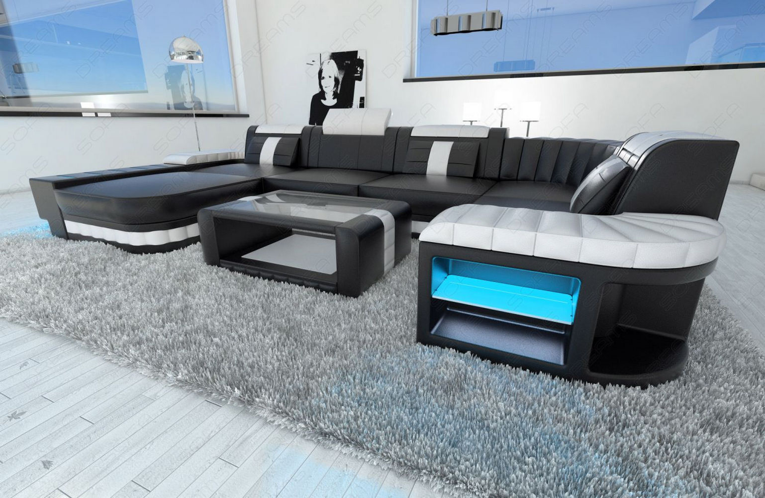 Mini Designer Wohnlandschaft Bellagio Led U-Form Schwarz-Weiß