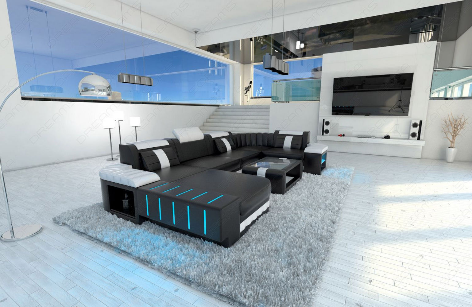 Mini Designer Wohnlandschaft Bellagio Led U-Form Schwarz-Weiß