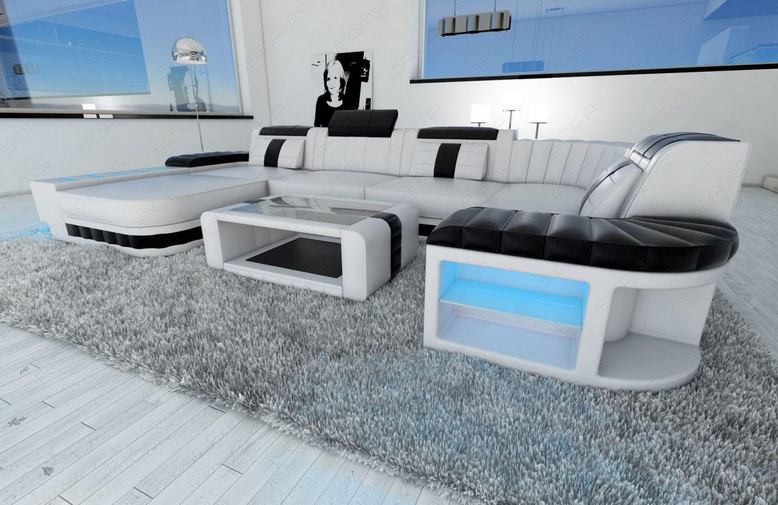 Mini Wohnlandschaft Bellagio U-Form in Leder Weiß-Schwarz