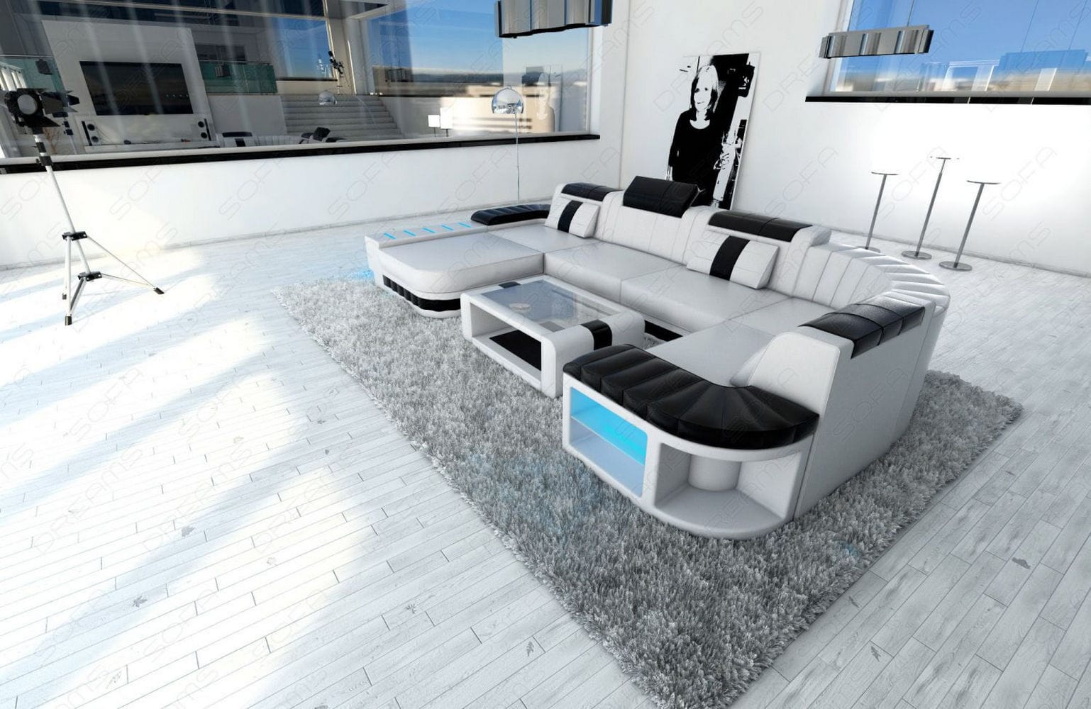 Mini Wohnlandschaft Bellagio U-Form in Leder Weiß-Schwarz