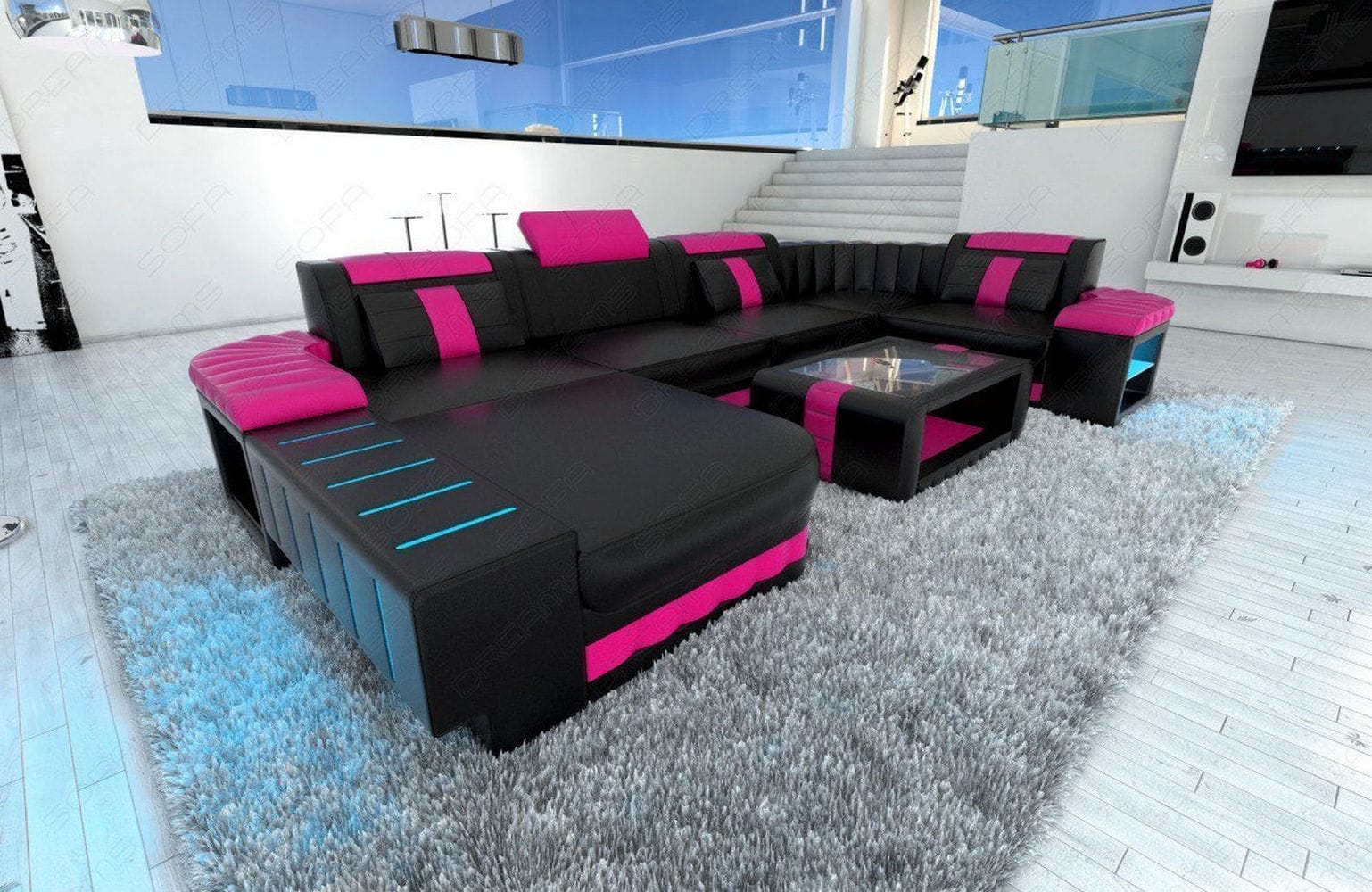Mini Wohnlandschaft Bellagio U Form schwarz-pink