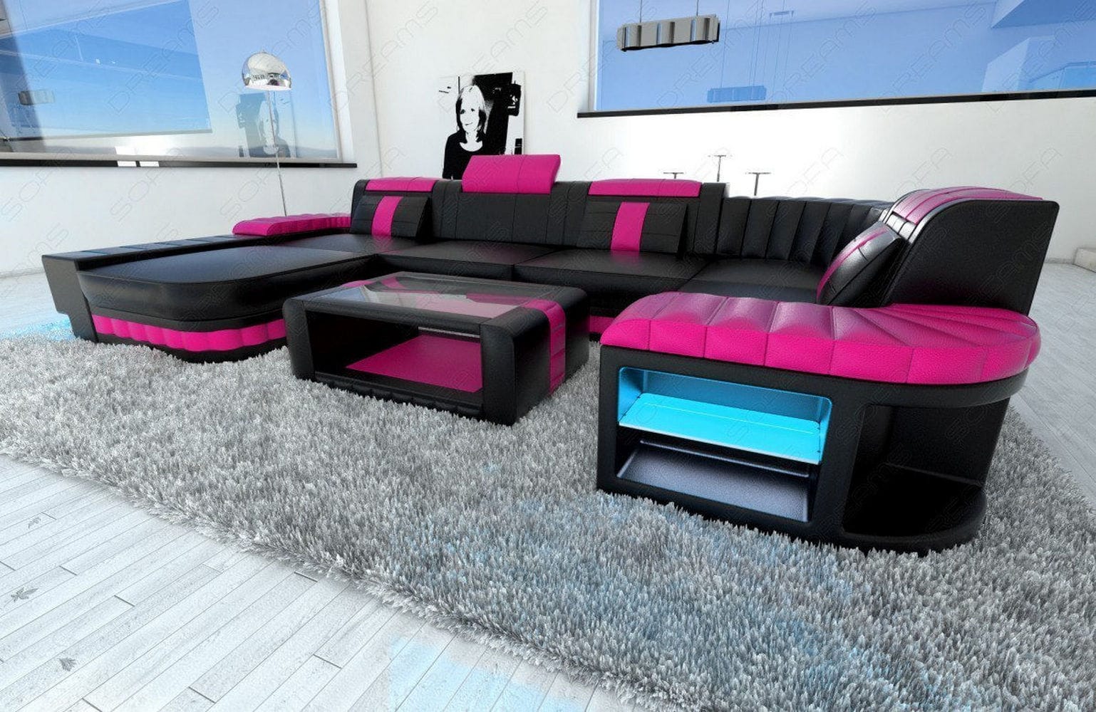 Mini Wohnlandschaft Bellagio U Form schwarz-pink