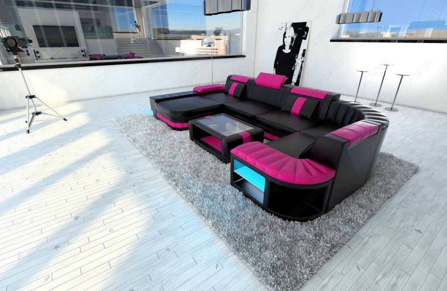 Mini Wohnlandschaft Bellagio U Form schwarz-pink