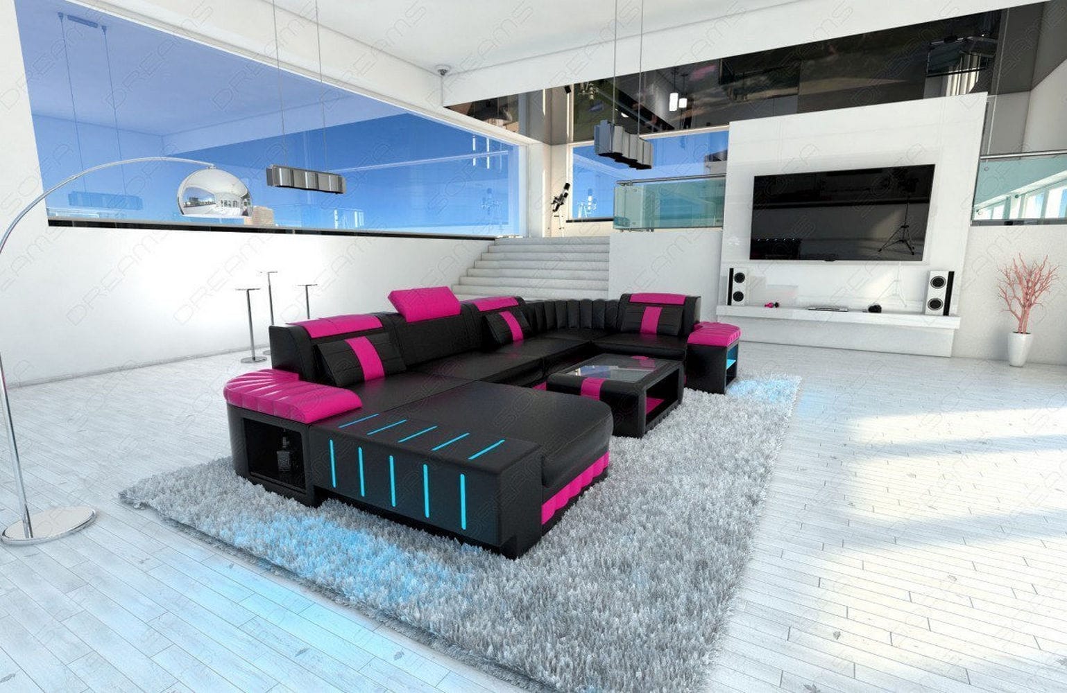 Mini Wohnlandschaft Bellagio U Form schwarz-pink