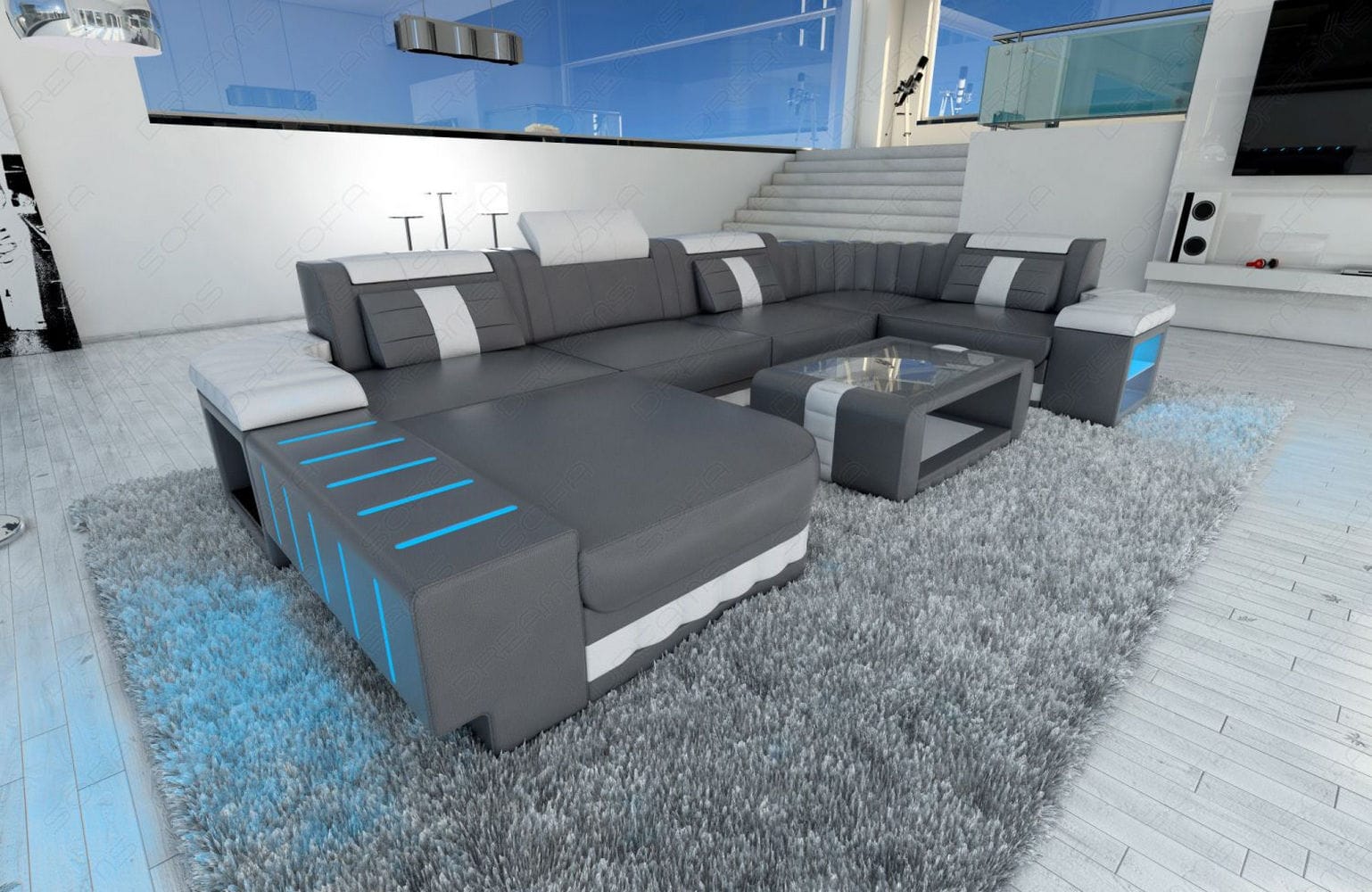 Designer Wohnlandschaft Bellagio U-Form mit LED grau-weiß