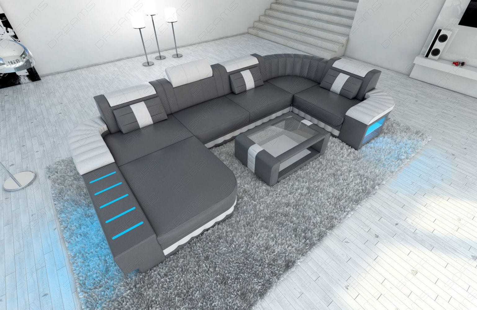 Designer Wohnlandschaft Bellagio U-Form mit LED grau-weiß