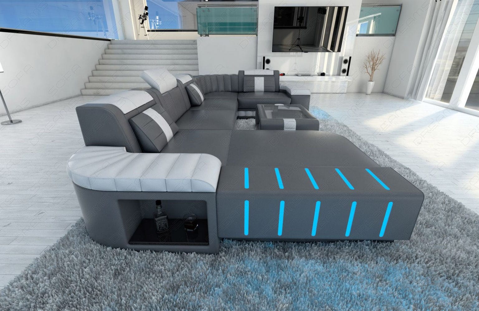 Designer Wohnlandschaft Bellagio U-Form mit LED grau-weiß