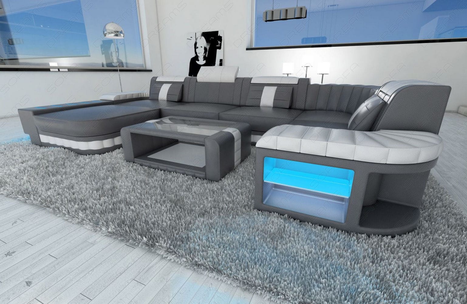 Designer Wohnlandschaft Bellagio U-Form mit LED grau-weiß