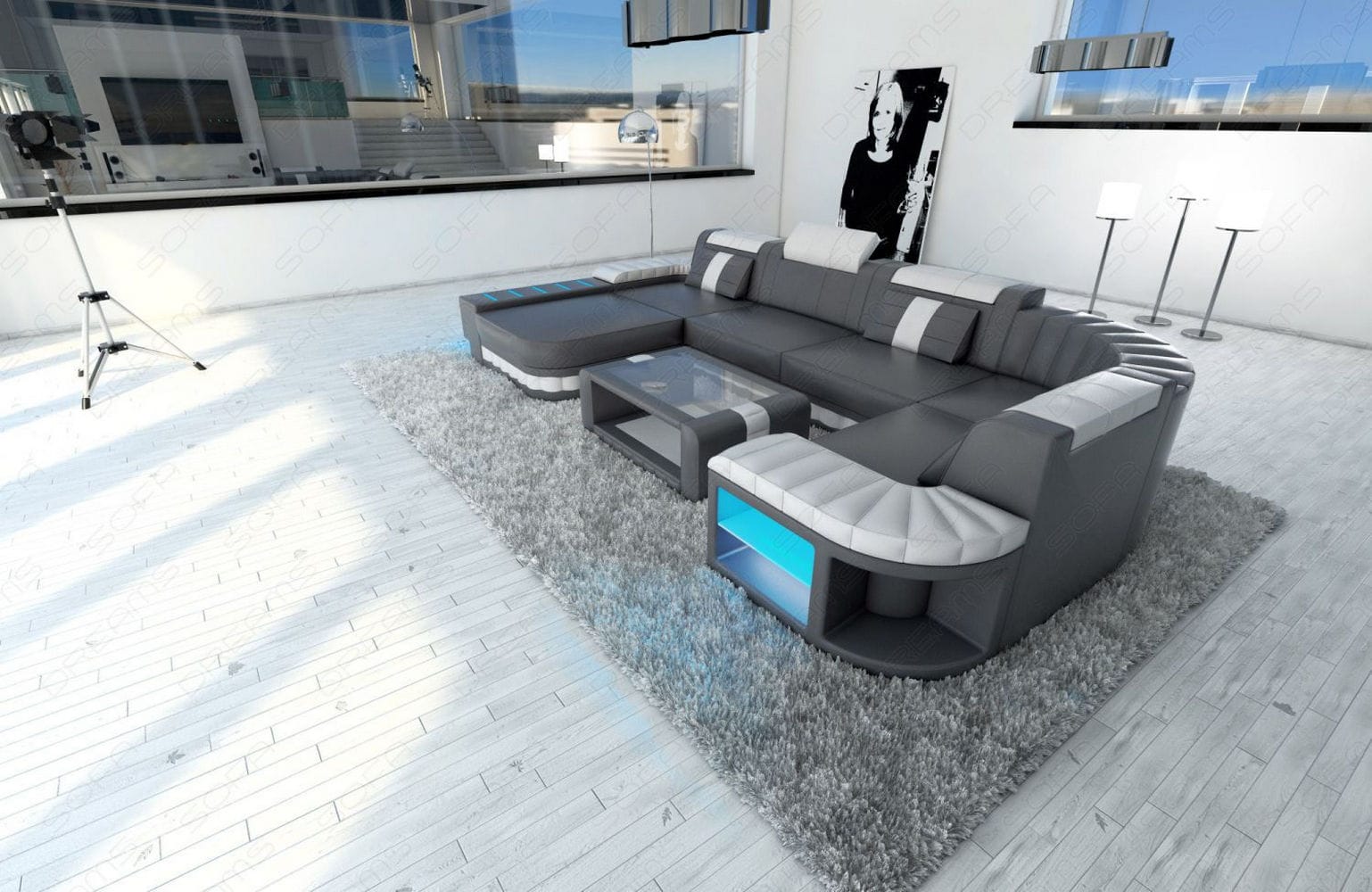 Designer Wohnlandschaft Bellagio U-Form mit LED grau-weiß