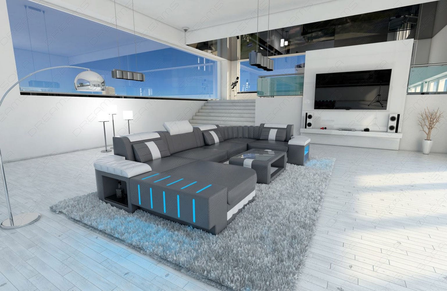 Designer Wohnlandschaft Bellagio U-Form mit LED grau-weiß