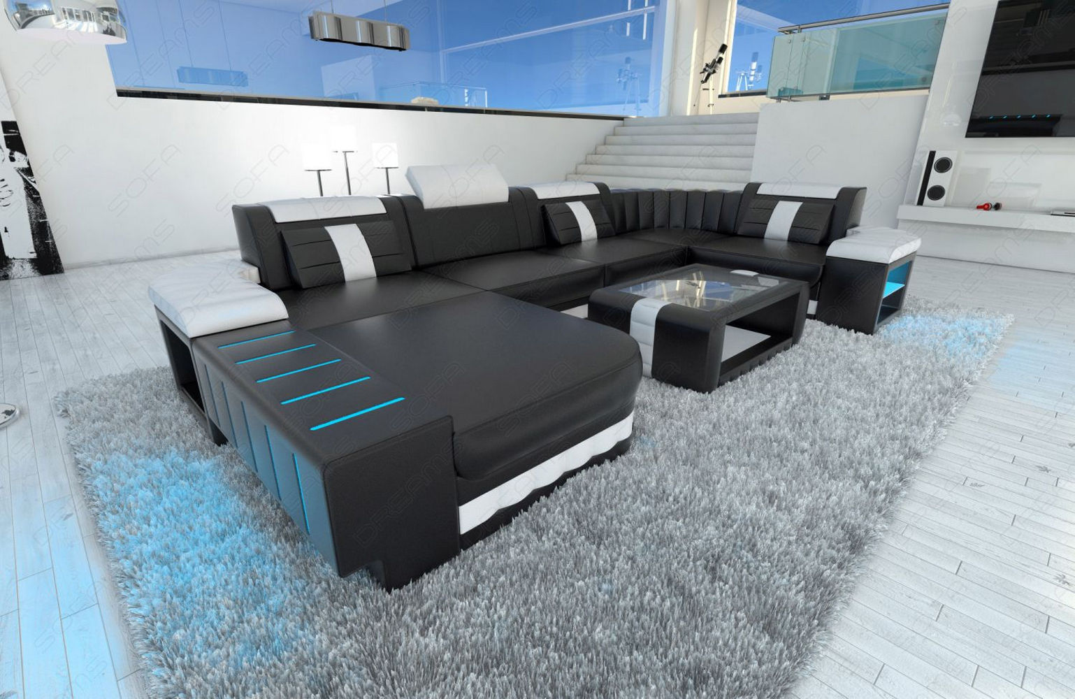 Designer Wohnlandschaft Bellagio U-Form mit LED schwarz-weiß