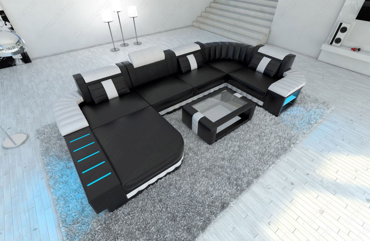 Designer Wohnlandschaft Bellagio U-Form mit LED schwarz-weiß