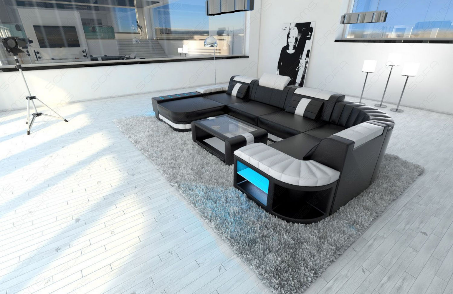Designer Wohnlandschaft Bellagio U-Form mit LED schwarz-weiß