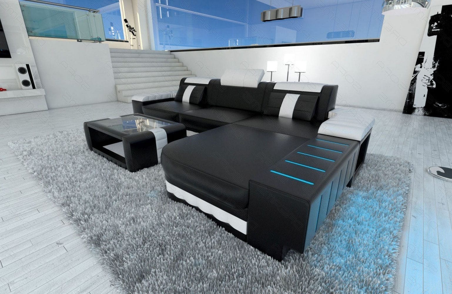 Mini Couch Bellagio L-Form in Leder Schwarz-Weiß