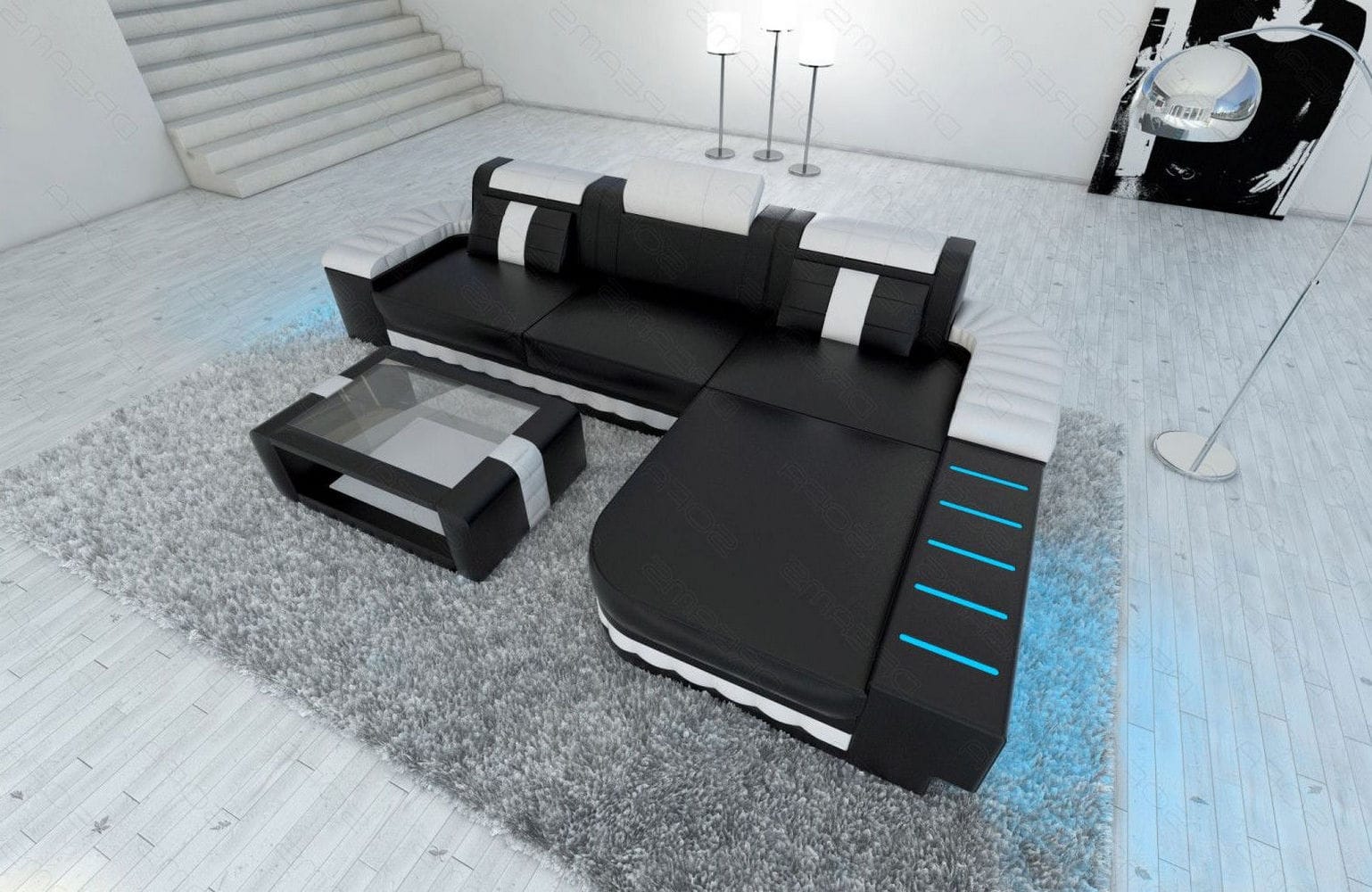 Mini Couch Bellagio L-Form in Leder Schwarz-Weiß