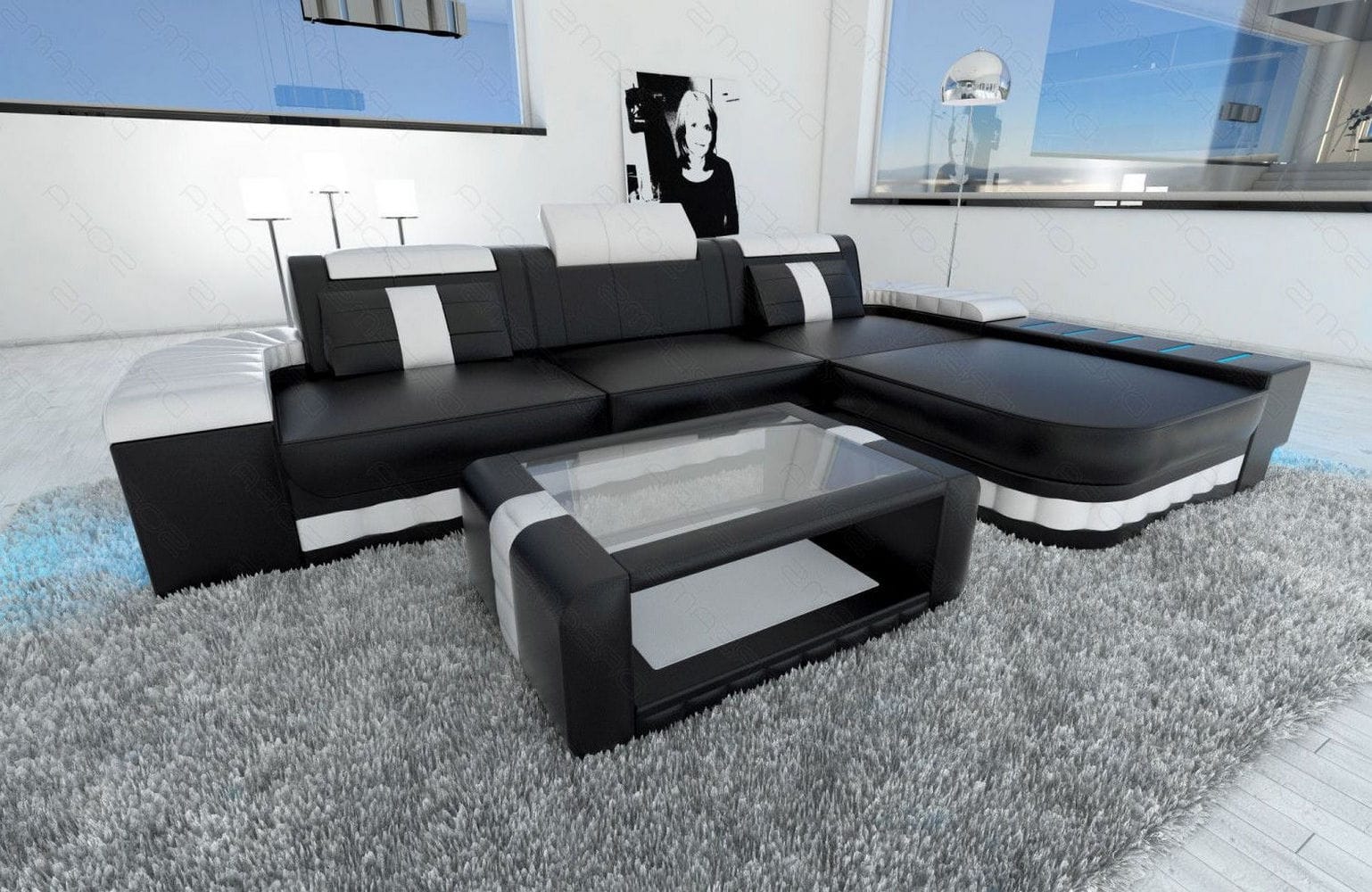 Mini Couch Bellagio L-Form in Leder Schwarz-Weiß