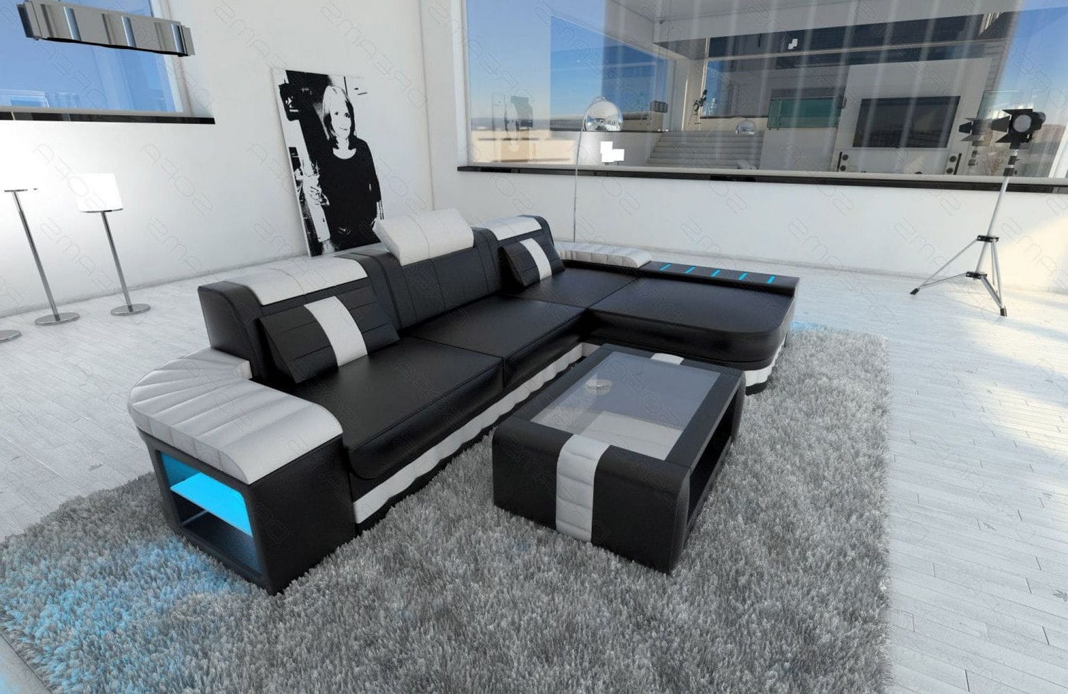 Mini Couch Bellagio L-Form in Leder Schwarz-Weiß