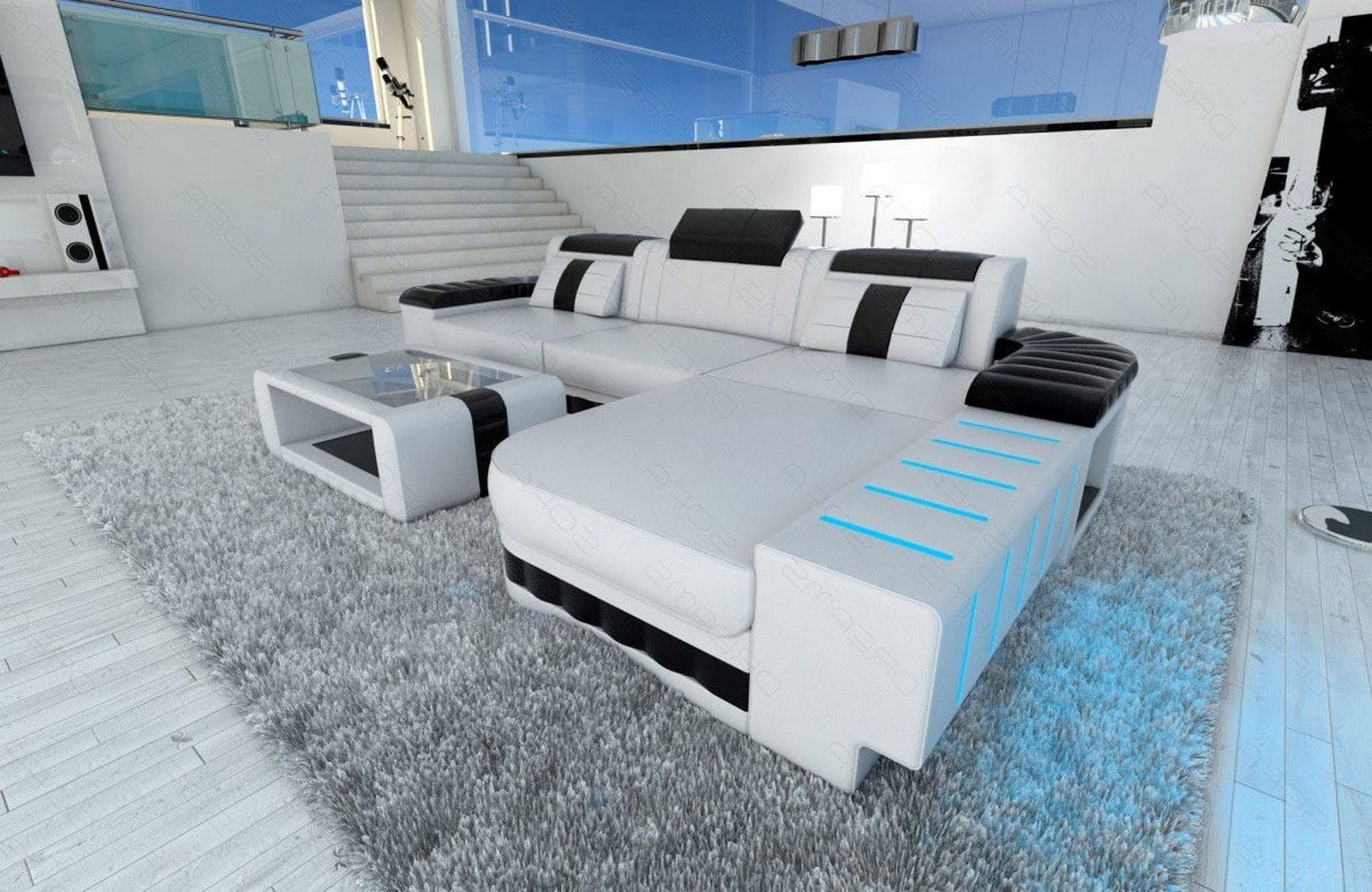 Mini Couch Bellagio L-Form in Leder Weiß-Schwarz