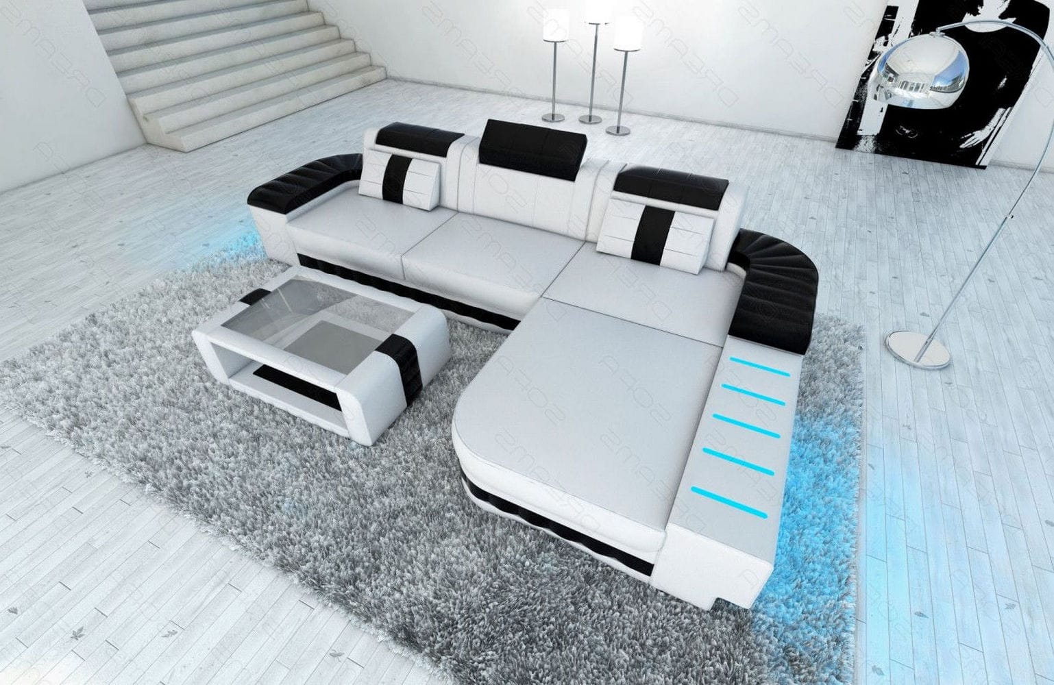 Mini Couch Bellagio L-Form in Leder Weiß-Schwarz