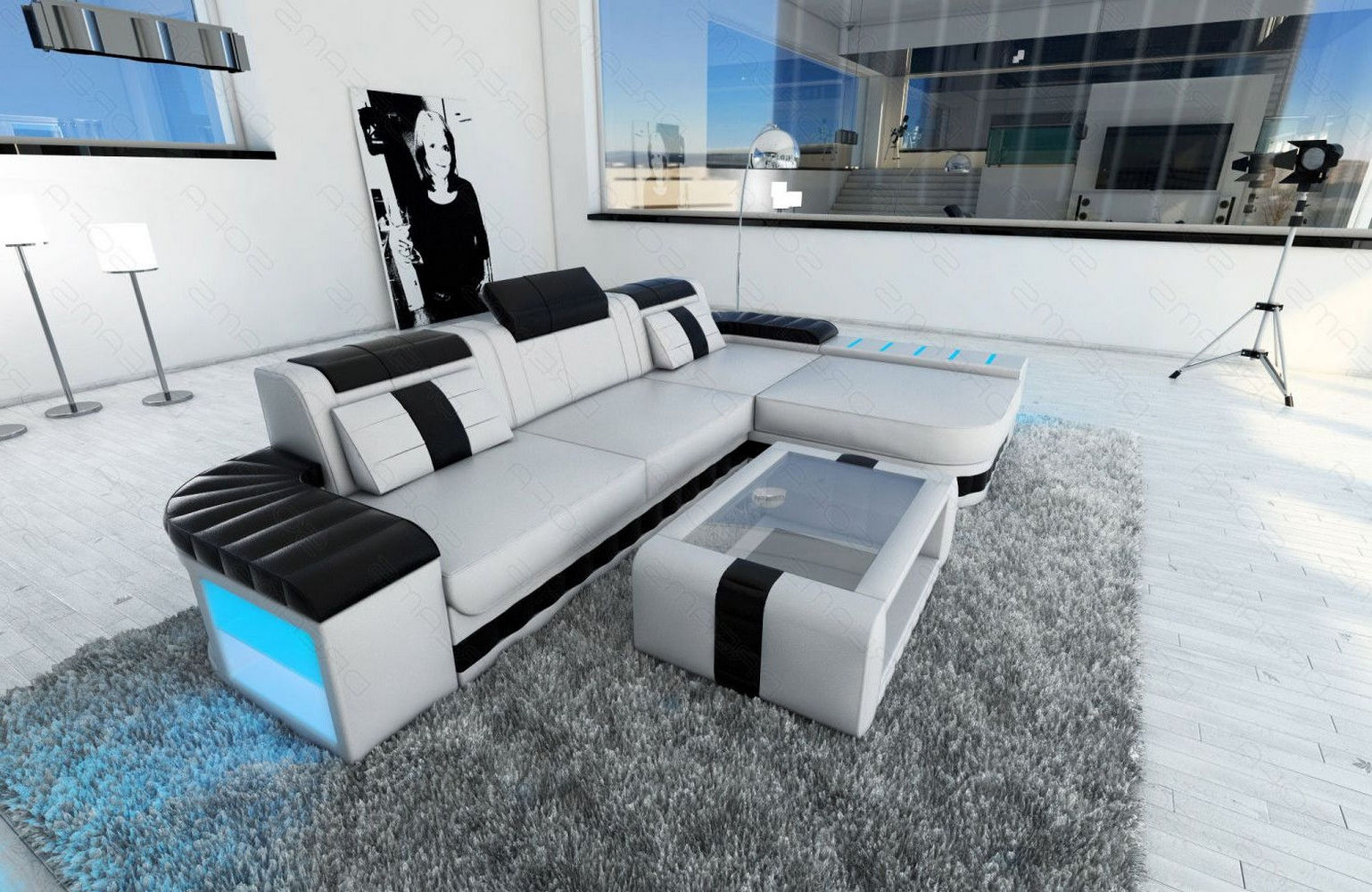 Mini Couch Bellagio L-Form in Leder Weiß-Schwarz