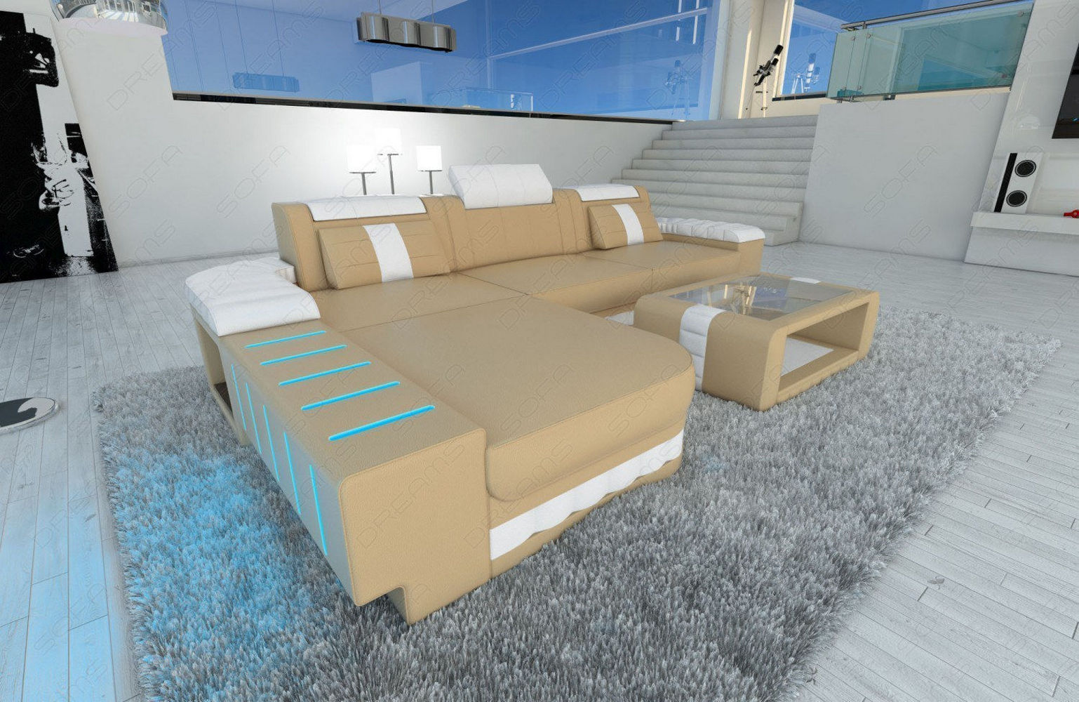 Mini Couch Bellagio L-Form in Leder sandbeige-weiß
