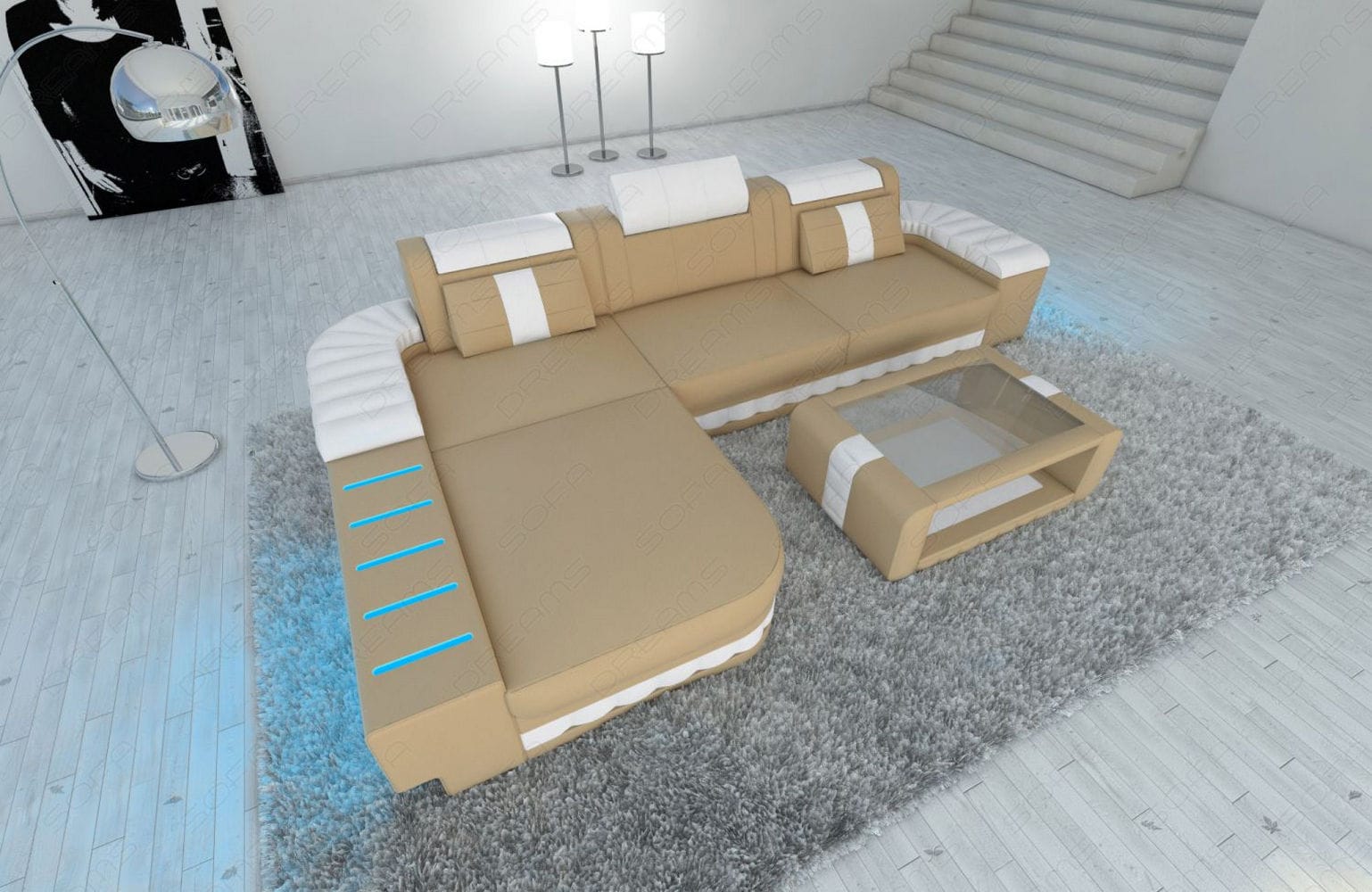 Mini Couch Bellagio L-Form in Leder sandbeige-weiß