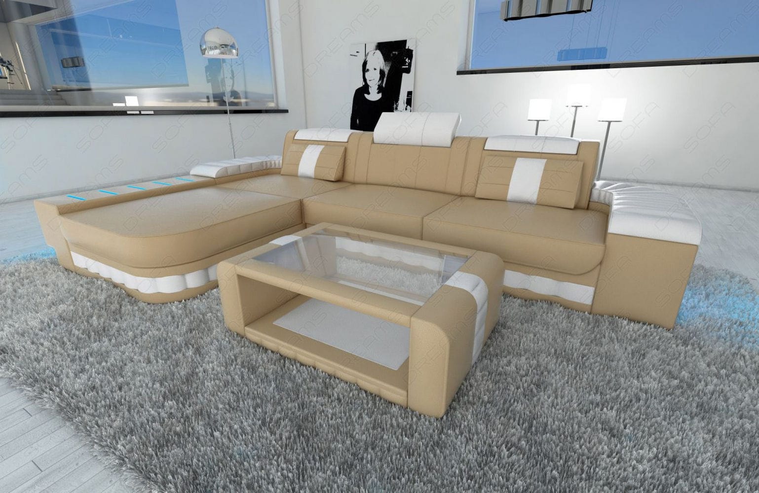 Mini Couch Bellagio L-Form in Leder sandbeige-weiß