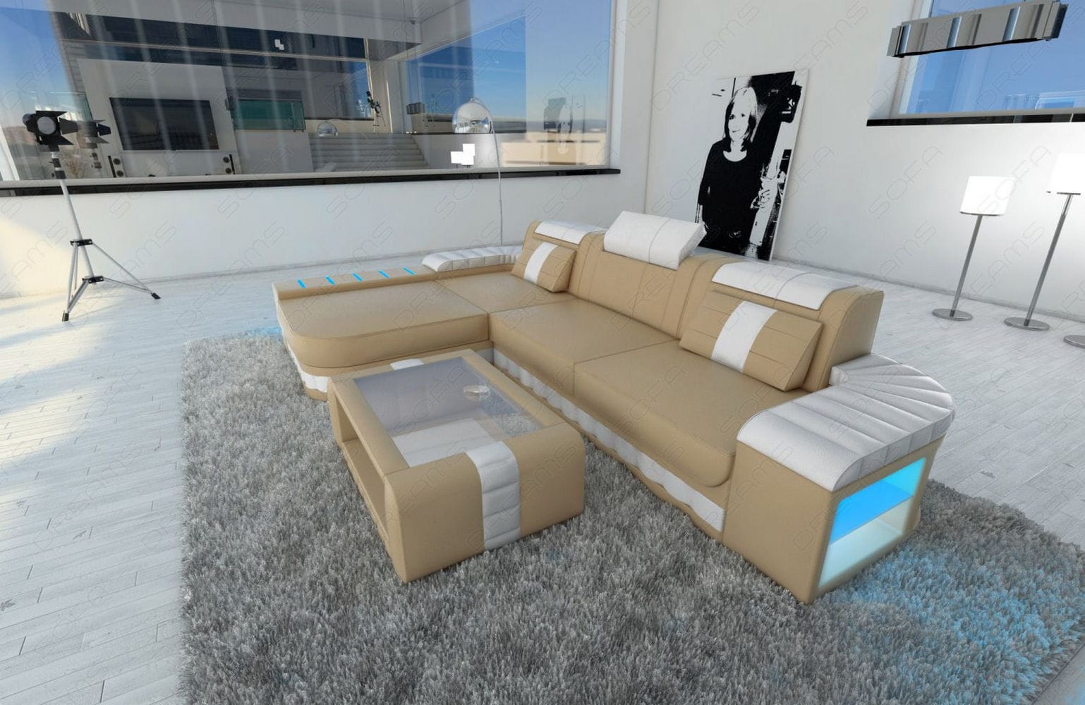 Mini Couch Bellagio L-Form in Leder sandbeige-weiß