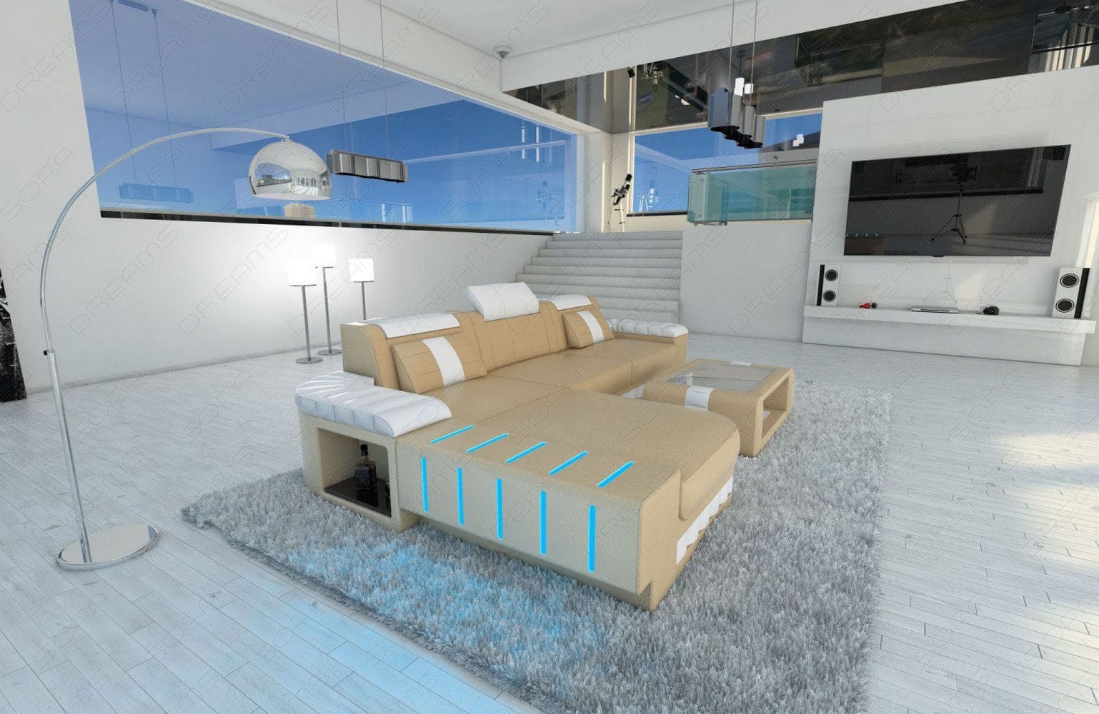 Mini Couch Bellagio L-Form in Leder sandbeige-weiß